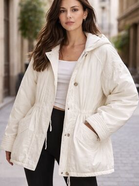 Off White Vintage Embroidered Jacket Hooded Oversized Cinched Waist EuropeanChic